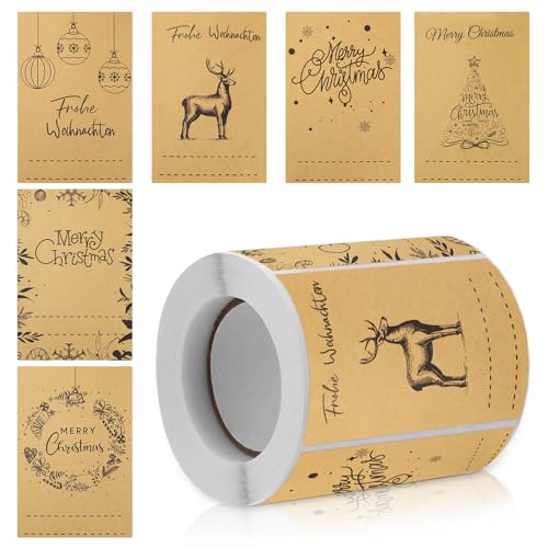 250 Stück 7.5x5CM Weihnachtsaufkleber zum Beschriften Weihnachtssticker Kraftpapier Etiketten Selbstklebend Weihnachten Aufkleber, für Umschlag Geschenktüten Papiertüten Weihnachtskarten (A) von JIASHA