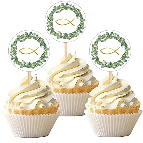 48 Stücke Taufe Cupacake Topper, Fisch Kommunion Cake Topper Kommunion Tortendeko Zur Taufe Tortendeko Konfirmation Tortendeko Tortenstecker Konfirmation für Kuchen Fondant Dessertdeko von JIASHA