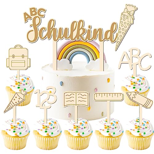 8 Stück Schulkind Holz Tortendeko Schulanfang Tortendeko Tortendeko Einschulung Holz ABC 123 Kuchendeko Personalisiert Tortendekoration, Für Mädchen und Junge Schulanfang Party Deko (C) von JIASHA