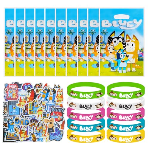 JIASHA Bluey Kindergeburtstag Mitgebsel Set, 90 Stück Party Mitgebsel, Gastgeschenke, Bluey Give Aways Kindergeburtstag Gastgeschenke Partygeschenk, mit Geschenktüten Wristband Aufkleber von JIASHA