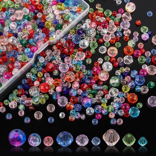 600 stück Glasperlen zum Auffädeln, 4/6/8mm Bunte Orbicular Crackle und Bunte Facettierte Glasperlen mit Loch, Glitzerperlen zum Auffädeln, Funkelnde Perlen, Kristall Bunte Glasperlen für DIY von JIASI&JIESY