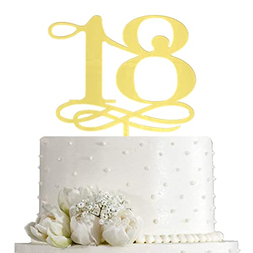 JIEEIN Cake Topper Zahl 18 – Happy 18th Birthday/Cheers to 18 Years/Hello 18 Cake Topper Dekoration, Spiegel Gold Acryl von JIEEIN