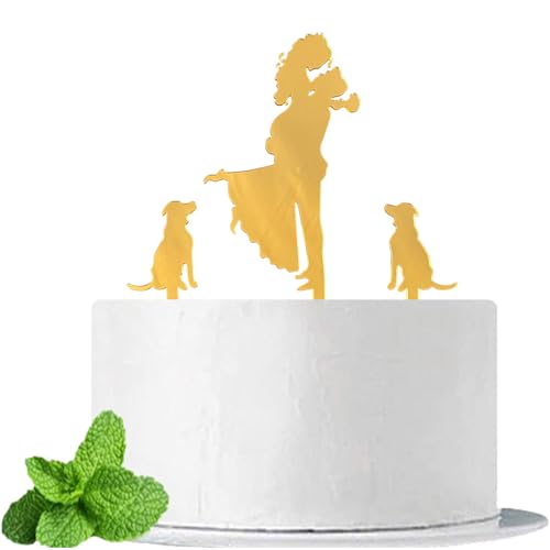 JIEEIN Hochzeitstortenaufsatz, "Mr and Mrs"-Kuchenaufsatz, Bräutigam hält Braut mit Blumen neben zwei Haustier-Hunden-Silhouetten-Kuchendekorationen, spiegelgoldener Acryl-Kuchenaufsatz von JIEEIN