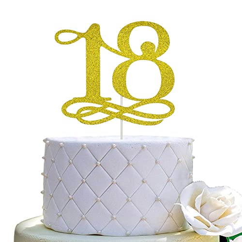 JIEEIN Tortenaufsatz mit Zahl 18 – "Happy 18th Birthday" Kuchenaufsatz, Cheers to 18 Years Cake Topper, Hello 18 Cake Topper Dekorationen (doppelseitig, Gold-Glitzer) von JIEEIN