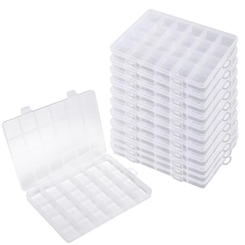 JIEHIN 12 Stück 24 Fächer Plastik Aufbewahrungsbox, 19 x 13 x 2 cm transparente Perlen Aufbewahrungsboxen, Sortimentskasten Sortierboxen für Kleinteile, Ohrringen, Schmuck, Schrauben von JIEHIN