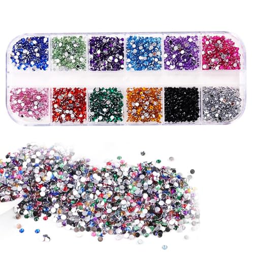 Strasssteine, 2 mm, runde Kristall-Edelsteine, Strasssteine zum Basteln, bunte Strasssteine für Nagelkunst-Dekorationen, Kleidung, Bastelarbeiten, 12 Farben (2 mm, bunt) von JIEHU