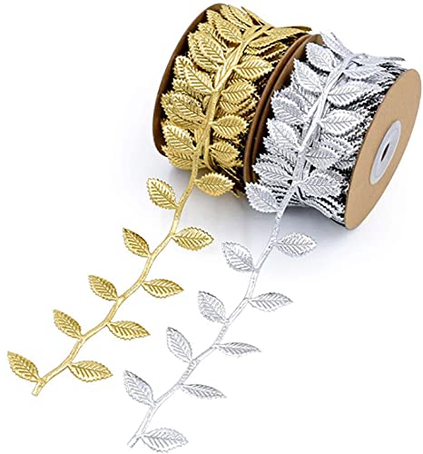 Band mit Blätterbesatz, 22 Meter lang, für Bastelarbeiten und Partys, Hochzeit, Zuhause, Garten, Dekoration (Silber, Gold) von JIELUO