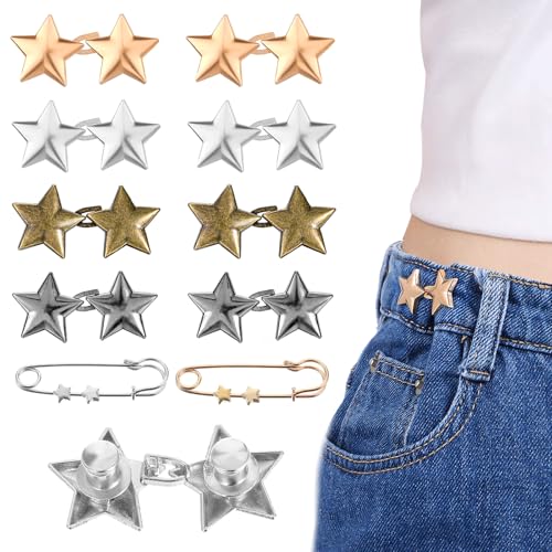 JIEYAO 10 Sets Einstellbare Stern Knöpfe, Sterne Hosenbund Enger Machen Ohne Nähen Stern Knöpfe Hosen Enger Machen Clip Jean Knopfnadeln Verstellbare Jeansknöpfe Damen Brosche Pins für Rock Kleid von JIEYAO