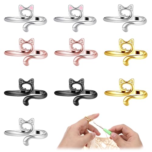 JIEYAO 10 Stück Häkelringe, Verstellbare Häkelring Finger Strick Häkelschlaufenringe für Finger Cat Crochet Ring Häkel Ring Zubehör zum Häkeln Stricken Garnhalter Häkelspannungsring für Mutter Oma von JIEYAO