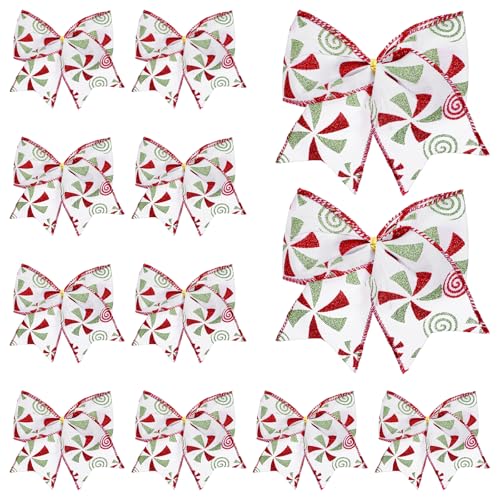 JIEYAO 12 Stück Rot Grüne Weihnachtsschleifen, 14 cm Weihnachtsbaum Bonbon Kranzschleifen Weihnachtselfen Baum Punktschleifen Pfefferminz Girlandenband Ornamente für Zuhause Party DIY Geschenkpapier von JIEYAO