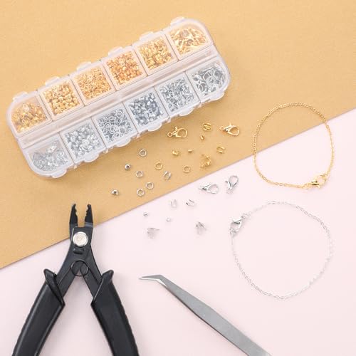 JIEYAO 1200stk Quetschperlen Set, Crimp Perlen Set Armband Verschluss Karabinerverschlüsse mit Quetschzange und Perlenschnur Kettenverschluss Biegeringe für DIY Armband Schmuckherstellung Silber Gold von JIEYAO