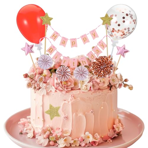 JIEYAO 17 Stück Tortendeko Geburstagstorte, Happy Birthday Kuchendeko Rosegold Cake Topper Kuchentopper Banner mit Papierfächer Sterne Konfetti Luftballons Cupcake Tortenstecker für Mädchen Frau Party von JIEYAO