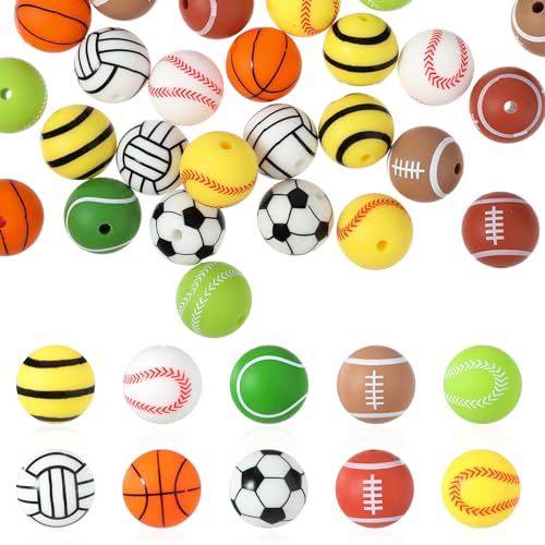 JIEYAO 30 Stück Sport Silikonperlen, 15mm Runde Silikon Perlen Sport Thema Perlen Basketball Fußball Volleyball Weiche Gummi Rundperlen für Stift Armband Halskette DIY Schlüsselanhänger von JIEYAO