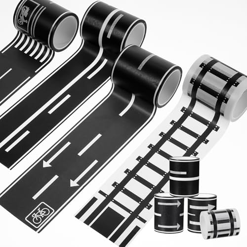 JIEYAO 4 Rollen Autobahn Eisenbahnen Straßen Klebeband,Schwarzes & Weißes Verkehr Washi Tape Dekorative Selbstklebendes Züge Straßenband Verkehrszeichen Aufkleber für Kinder Lernen Kunst DIY Handwerk von JIEYAO