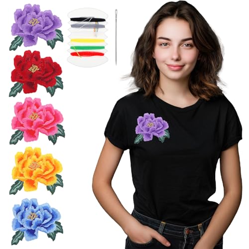 JIEYAO 5 Stück bestickte Rosen-Aufnäher, große Blume, zum Aufbügeln, florale Aufnäher, Applikation, Nähflicken, große ästhetische Reparaturflicken für Hüte, Jeans, Kleidung, Taschen, Schuhe, DIY von JIEYAO