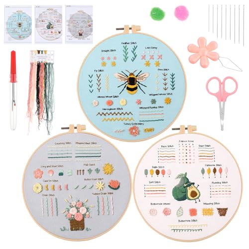 JIEYAO Stickset für Anfänger,3 Stück Sticken Diy Embroidery Verschiedene Stiche Handstickset mit Anleitung für Erwachsene Bastelliebhaber Kunst Handwerk Nähen von JIEYAO