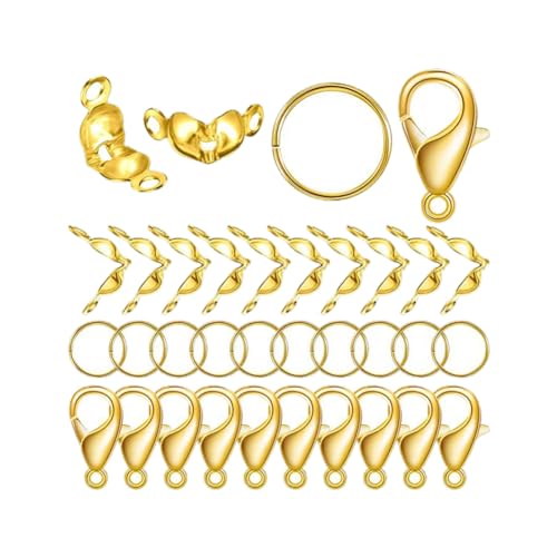 100 Stück Karabinerverschlüsse, 200 Stück offene Binderinge und 200 Stück Perlenspitzenkappen, Schmuckherstellung, Zubehör-Set für Halsketten, Armbänder, goldfarben von JIHUOO
