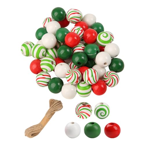 110 Stück 16 mm Weihnachts-Holzperlen Zuckerstange Bastelperlen rot grün weiß Perlen rund bedruckte Perlen Schmuckherstellung Perlen mit Schnur von JIHUOO