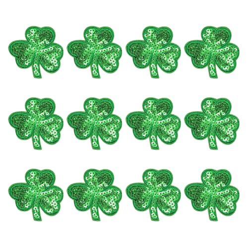 12 Stück Pailletten-Kleeblatt-Aufnäher zum Aufbügeln, St. Patrick's Day, bestickte Blätter-Applikation, kleine Glitzer-Flicken, Handwerk, Jacke, Rucksack, Hose, Kleidung, Reparaturflicken von JIHUOO