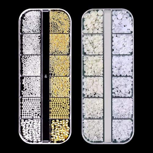 2 Boxen flache Rückseite Nagelkunst Perlen Metall Nagelperlen Niedliche Perle Nagel Charms Kleine Runde Kaviar Perlen Halbrunde Perlen Fingernagel Edelsteine Nageljuwelen Acryl Nageldekorationen von JIHUOO