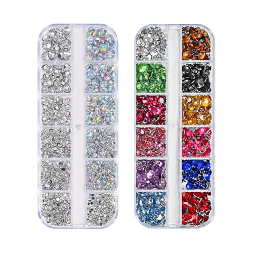 2 Boxen mit flacher Rückseite, runde Strasssteine, bunt, klare Diamanten, flache Rückseite, Haar-Körper, Edelsteine, Augen-Make-up, Kristalle, Nagelkunst-Juwelen mit Wachspicker, Bleistift und 2 Boxen mit flacher Rückseite, runde Strasssteine, bunt, klare Diamanten, flache Rückseite, Haar-Körper, Edelsteine, Augen-Make-up, Kristalle, Nagelkunst-Juwelen mit Wachspicker, Bleistift und von JIHUOO