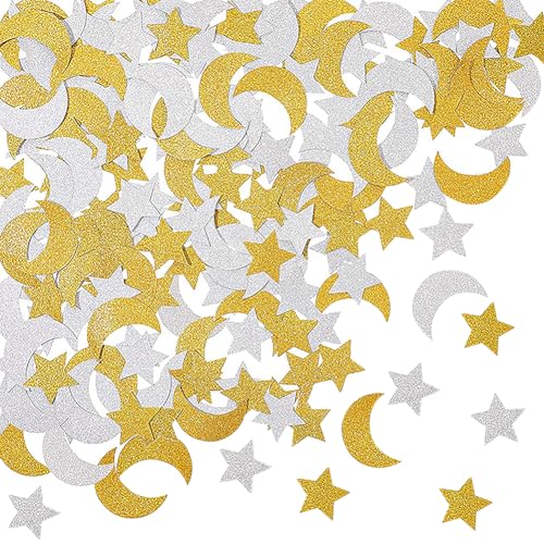 300 Stück Stern und Mond Tischkonfetti Sterne Glitzer Papier Konfetti Hochzeit Tisch Streudeko Baby Shower Tisch Streusel Geschlecht Enthüllung Party Dekorationen Golden und Silber von JIHUOO