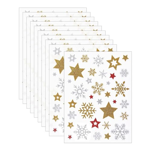 JIHUOO 10 Blatt Weihnachten Glitzer Schneeflocken Aufkleber Funkelnde Schneeflocken Aufkleber Gold Silber Rot Winter Aufkleber Xmas Stern Aufkleber Urlaub Umschlag Siegel Aufkleber Glitzer Funkelnde von JIHUOO