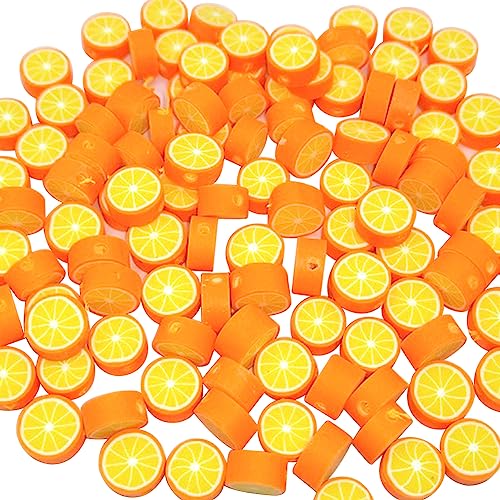 JIHUOO 100 Stück Obst-Polymer-Ton-Perlen, Ton-Perlen, Charms, Obst-Thema, Abstandshalter, Schmuckherstellung, Zubehör für Halskette, Armband, Orange von JIHUOO