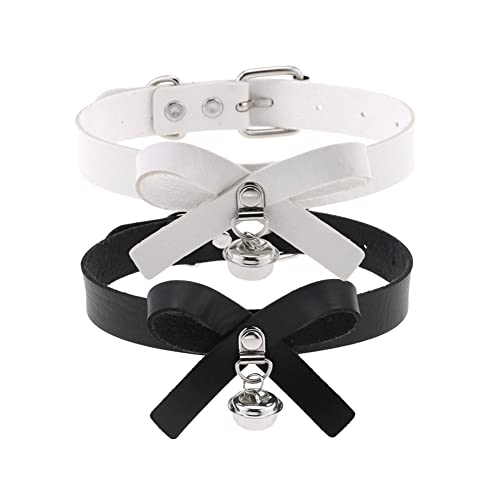 JIHUOO 2 Stücke Damen Gothic Choker PU Leder Halskette Halsband Lederhalsband Verstellbar Kragenchoker Goth Choker Kragen mit Glocke und Bogen für Frauen von JIHUOO