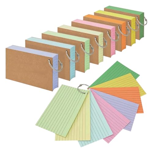 JIHUOO 200 Stück 7,6 x 12,7 cm farbige, linierte Karteikarten zum Lernen, blanko, liniert, kleine Notizkarten mit Ringbuchring von JIHUOO