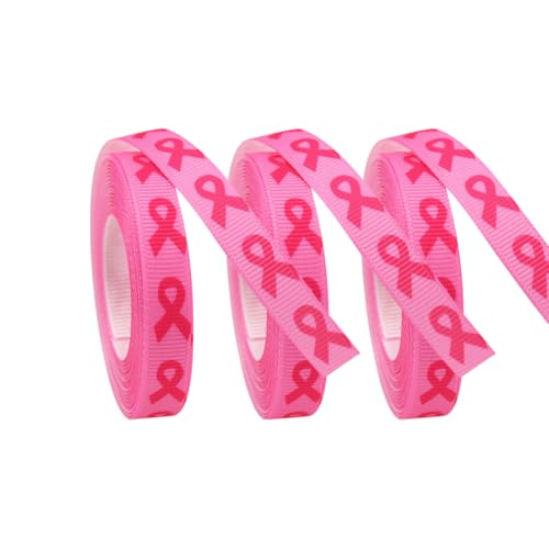 JIHUOO 3 Rollen 1 cm x 9,1 m Brustkrebs-Bewusstseinsband rosa bedrucktes Ripsband Schleifen Herstellung Band Basteln Geschenkband Blumenstrauß Band Kuchen Kranz Dekorieren Band von JIHUOO