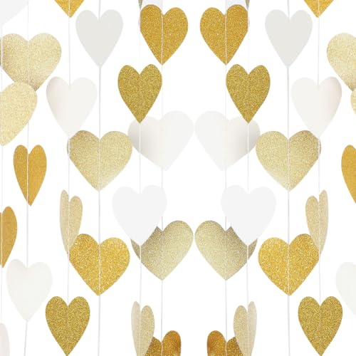 JIHUOO 4 Stück Liebe Herz Papier Girlande Glitzer Herz Luftschlangen Banner Hochzeit Hängende Girlande Valentinstag Girlande Brautdusche Party Luftschlangen Wanddekoration Girlande Weiß Golden von JIHUOO