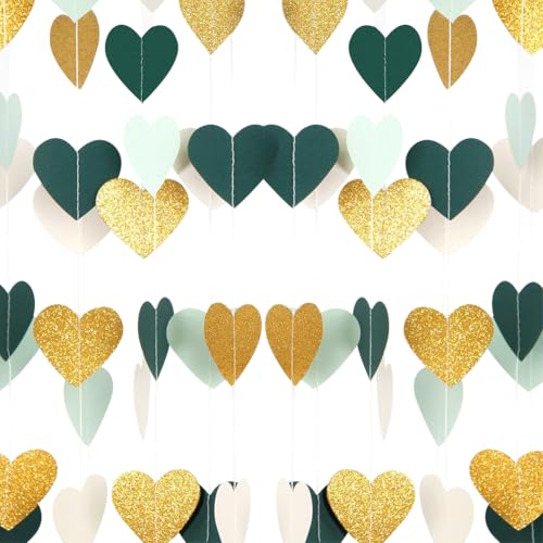 JIHUOO 4 Stück Liebe Herz Papiergirlande Glitzer Herz Luftschlangen Banner Hochzeit hängende Girlande Valentinstag Girlande Brautdusche Party Luftschlangen Wanddekoration Girlande Grün Golden von JIHUOO