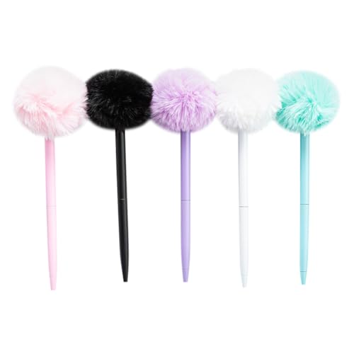 JIHUOO 5 Stück flauschige Pompom-Kugelschreiber, flauschige schwarze Tinte, ästhetisch, niedlich, Gelstifte, kreative Kugelschreiber, ausgefallenes Geschenk, für Frauen, Mädchen, Bürobedarf von JIHUOO