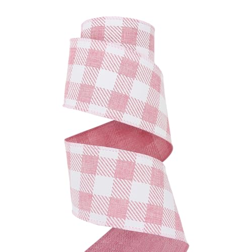 JIHUOO 6,3 cm x 9,1 m langes Band für Frühling Ostern mit Draht, breites kariertes Band, Pastell-Stoffband, Kranz, kariertes Band, Gingham-Bastelband, Schleifen, Geschenkband, Rosa von JIHUOO