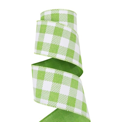 JIHUOO 6,3 cm x 9,1 m langes Band für Frühling Ostern mit Draht, breites kariertes Band, Pastellstoff, Kranz, kariertes Band, Gingham-Bastelband, Schleifen, Geschenkband, Grün von JIHUOO