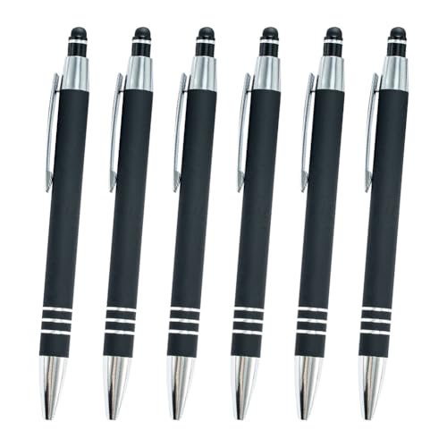 JIHUOO 6 Stück Kugelschreiber mit Eingabestift, einziehbare Kugelschreiber, Touchscreen-Schreibstifte, Metall-Touchscreen-Stifte mit feiner Spitze, schwarze Tinte, Schwarz von JIHUOO