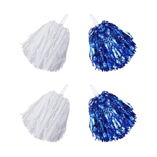 JIHUOO Pompons aus Metallfolie, Kunststoff, Cheerleader-Pompons, Sport-Team-Pompons, Geist-Cheerleader-Pompons, Cheerleading-Poms mit Griff, Weiß und Blau, 4 Stück von JIHUOO