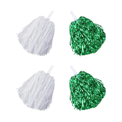 Pompons aus Metallfolie, Kunststoff, Cheerleader-Pompons, Sport-Team-Pompons, Geist-Cheerleader-Pompons, Cheerleading-Pompoms mit Griff, Weiß und Grün, 4 Stück von JIHUOO