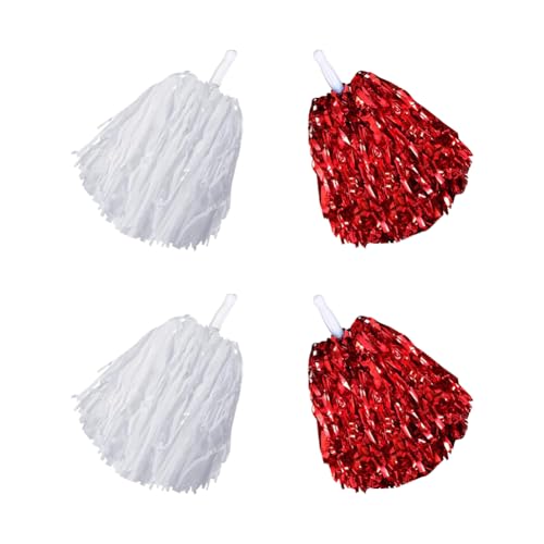 Pompons aus Metallfolie, Kunststoff, Cheerleader-Pompons, Sport-Team-Pompons, Geist-Cheerleader-Pompons, Cheerleading-Poms mit Griff, Weiß und Rot, 4 Stück von JIHUOO