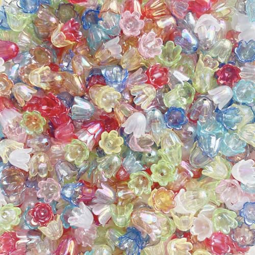 Transparente Acryl-Perlen mit Glockenblumen, Maiglöckchen, Schmuckperlen, Abstandshalter, gemischte Blumenförmige Perlen, Abstandshalter mit Loch in der Mitte für Perlenprojekte, 400 Stück von JIHUOO