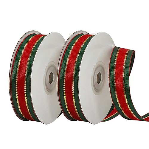 Weihnachtsband aus Polyester, 45,7 m, Rot, Grün und Gold, Geschenkband, Urlaub, Festival, Schleifenband, Stoff, dekoratives Band, 2 cm von JIHUOO