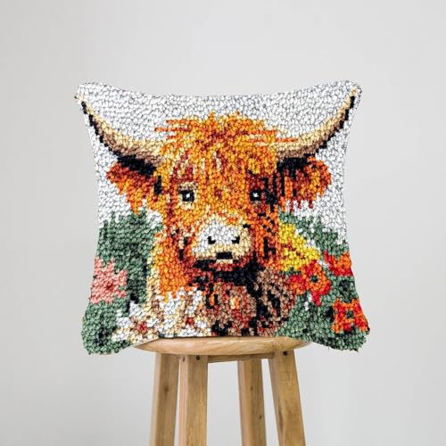 JILIP Highland Cow DIY Knüpfhaken-Kunst-Kits, Knüpfhaken-Set für Erwachsene, DIY Häkelgarn-Kits, Stickset, 43,2 x 43,2 cm von JILIP