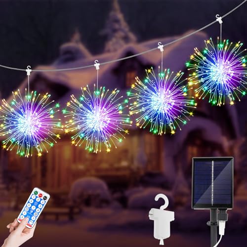 JIMACRO LED Lichterketten, 4 Stück 120 LEDs Weihnachtslicht Starburst, Solar 8 Modi Wasserdicht Lichterkette Feuerwerk mit Fernbedienung Außen Innen für Weihnachten, Party, Hochzeit von JIMACRO