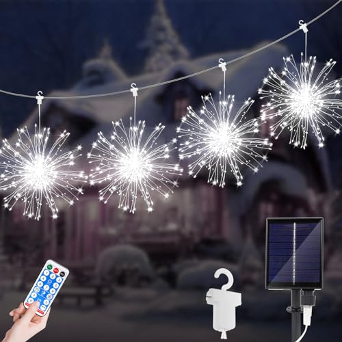 JIMACRO LED Lichterketten, 4 Stück 120 LEDs Weihnachtslicht Starburst, Solar 8 Modi Wasserdicht Lichterkette Feuerwerk mit Fernbedienung Außen Innen für Weihnachten, Party, Hochzeit von JIMACRO