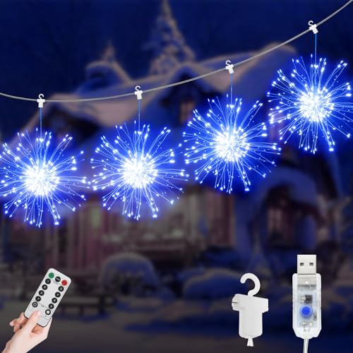 JIMACRO LED Lichterketten, 4 Stück 120 LEDs Weihnachtslicht Starburst, USB 8 Modi Wasserdicht Lichterkette Feuerwerk mit Fernbedienung Außen Innen für Weihnachten, Party, Hochzeit von JIMACRO