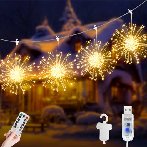 JIMACRO LED Lichterketten, 4 Stück 120 LEDs Weihnachtslicht Starburst, USB 8 Modi Wasserdicht Lichterkette Feuerwerk mit Fernbedienung Außen Innen für Weihnachten, Party, Hochzeit von JIMACRO