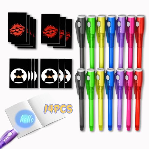 JIMMIDDA Unsichtbare Tinte Spion Stift mit UV-Licht für Kinder, Set von 14, unsichtbare Tinte Stifte und Mini-Notizbücher, Party Favour für Spy Party, Escape Room Party Favors (Top Serect) von JIMMIDDA