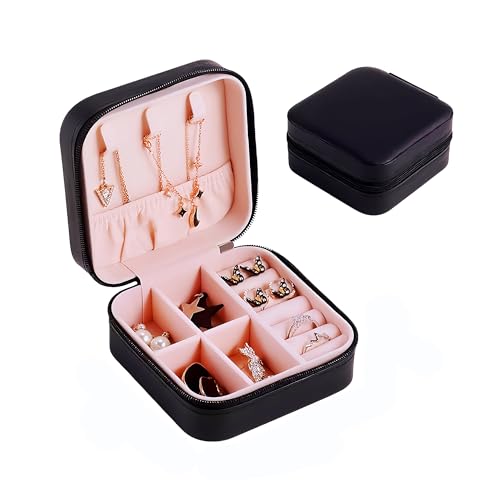 JINDIN Reise-Schmuckkästchen, kleine Schmuckschatulle, Mini-Schmuck-Organizer-Box für Ringe, Ohrringe, Anhänger, Uhren, Halsketten, Lippenstifte, Aufbewahrungsbox (schwarz) von JINDIN