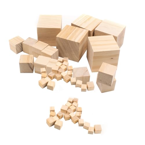 50 Stück Holz Würfel 5cm/2,5cm/1,25cm/1cm Kleine Holzwürfel Natürliche Blanko Holzblöcke Quadrat Holzklötzchen Holzklötze für DIY Malen Handwerk Dekoration (4 Größen) von JINGHANGER